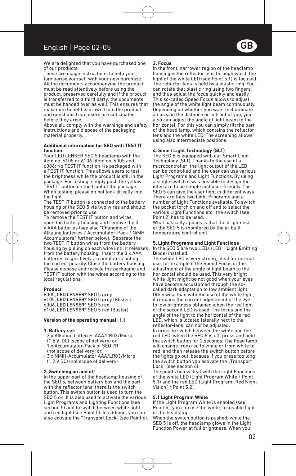 English | page 02-05 | LED LENSER SEO™ 5 User Manual | Page 3 / 44