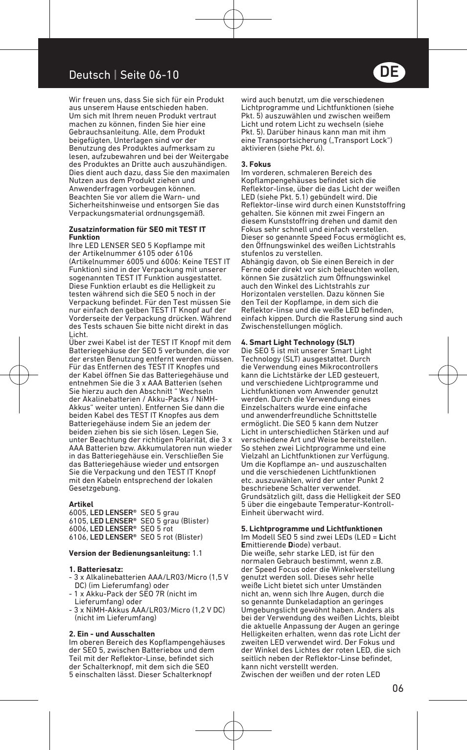 Deutsch | seite 06-10 | LED LENSER SEO™ 5 User Manual | Page 7 / 44