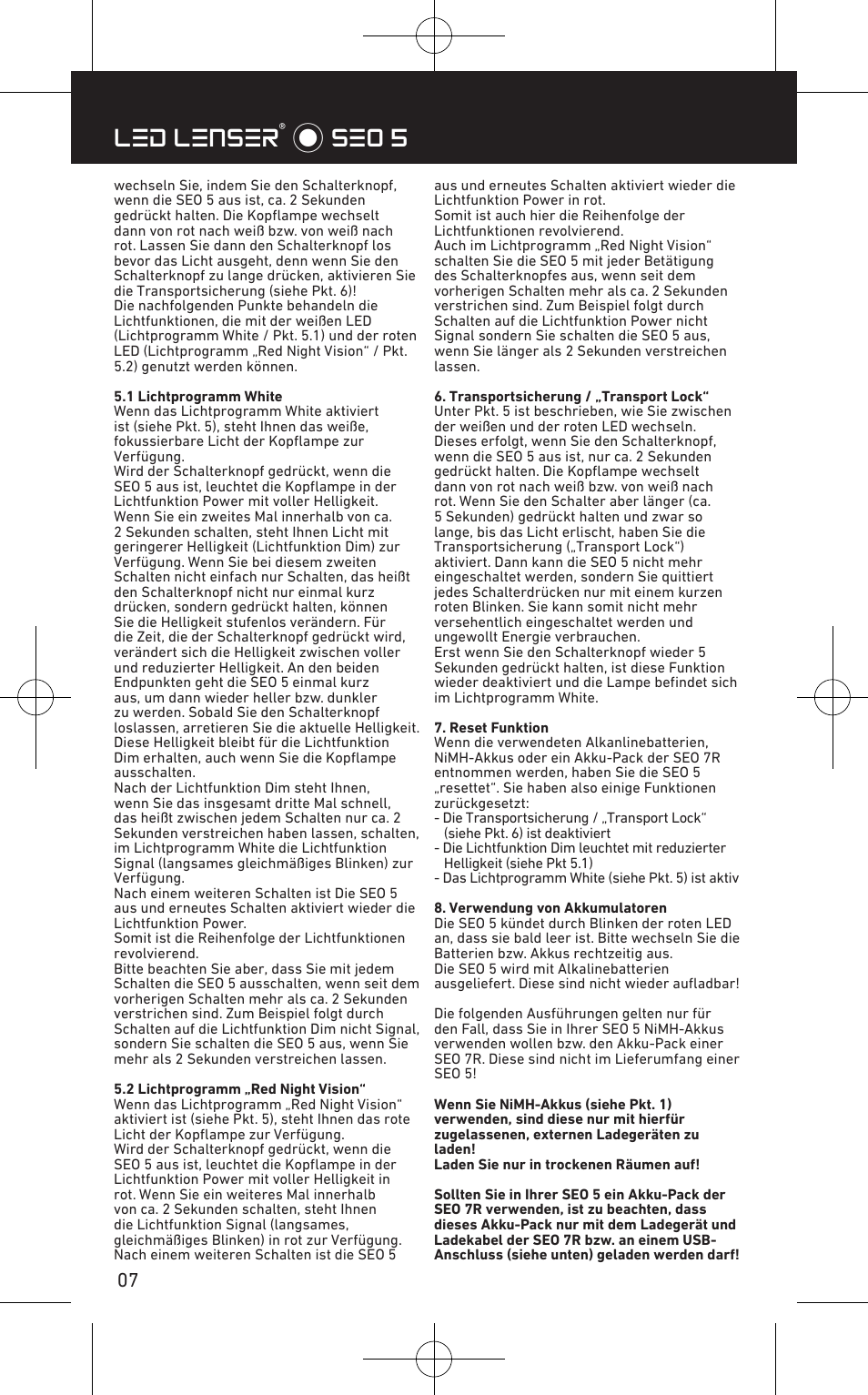 Led lenser® * seo 5 | LED LENSER SEO™ 5 User Manual | Page 8 / 44