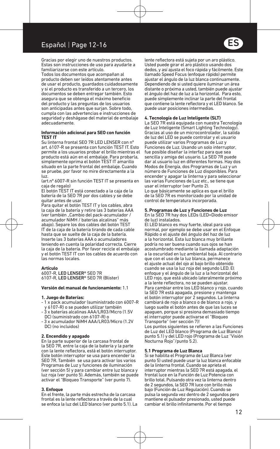 Español | page 12-16 | LED LENSER SEO™ 7R User Manual | Page 13 / 56