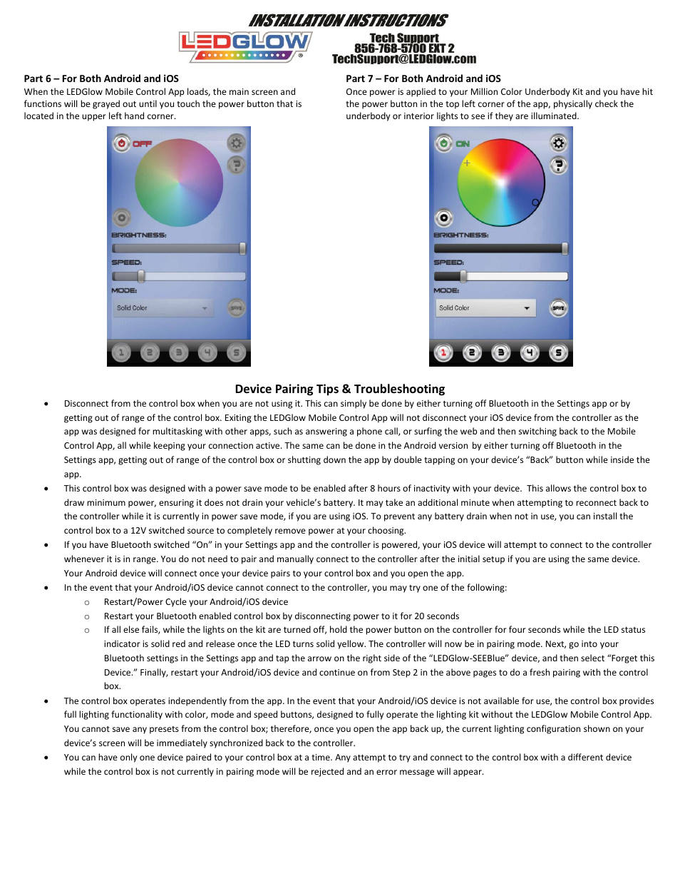 Device pairing tips & troubleshooting | LEDGlow Million Color SMD LED Underbody Lighting Kit with Bluetooth Connectivity User Manual | Page 6 / 8