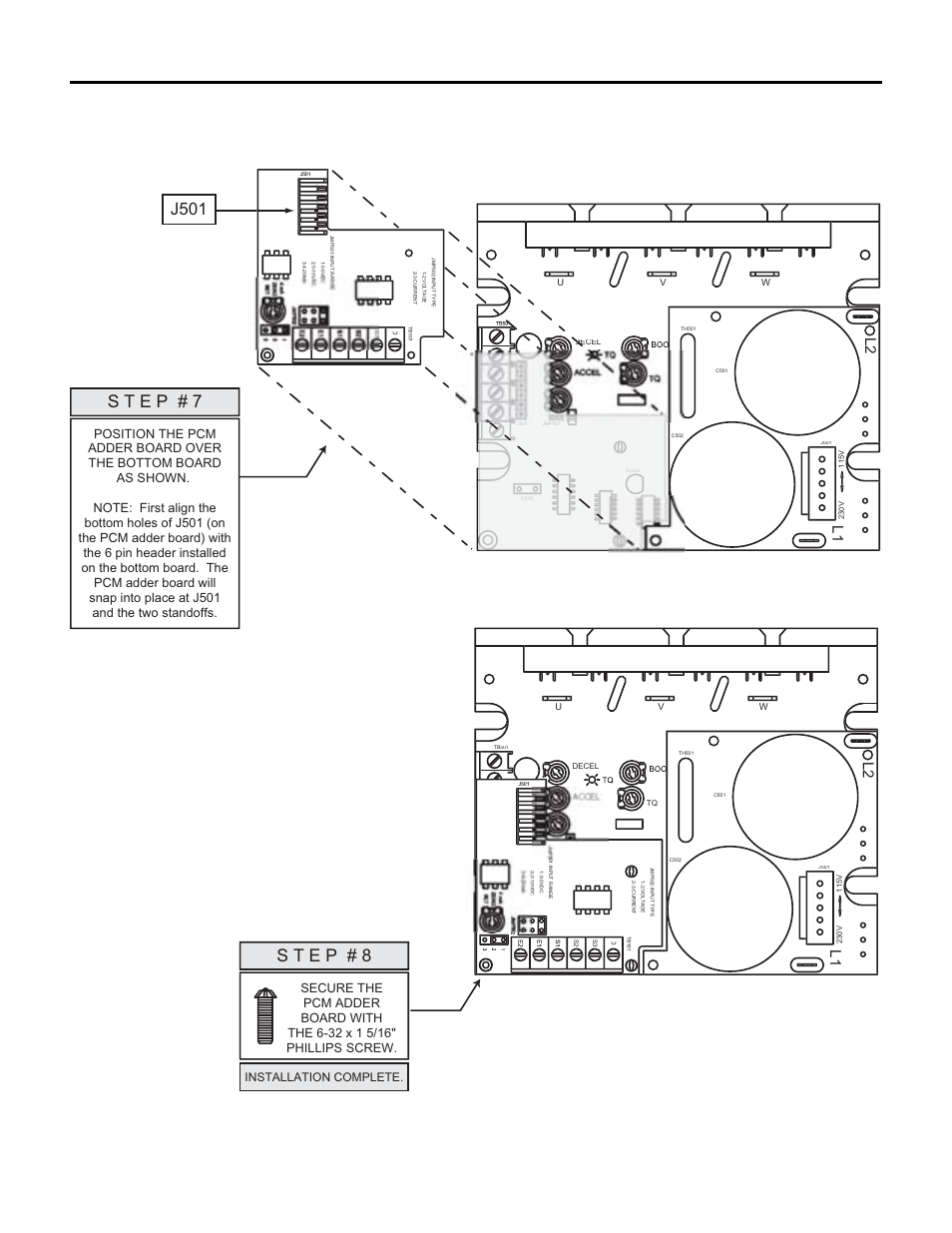 14 installation, J501, L1 l 2 | Installation complete | LEESON FHP Series Chassis Mount Variable Speed Drives User Manual | Page 24 / 76