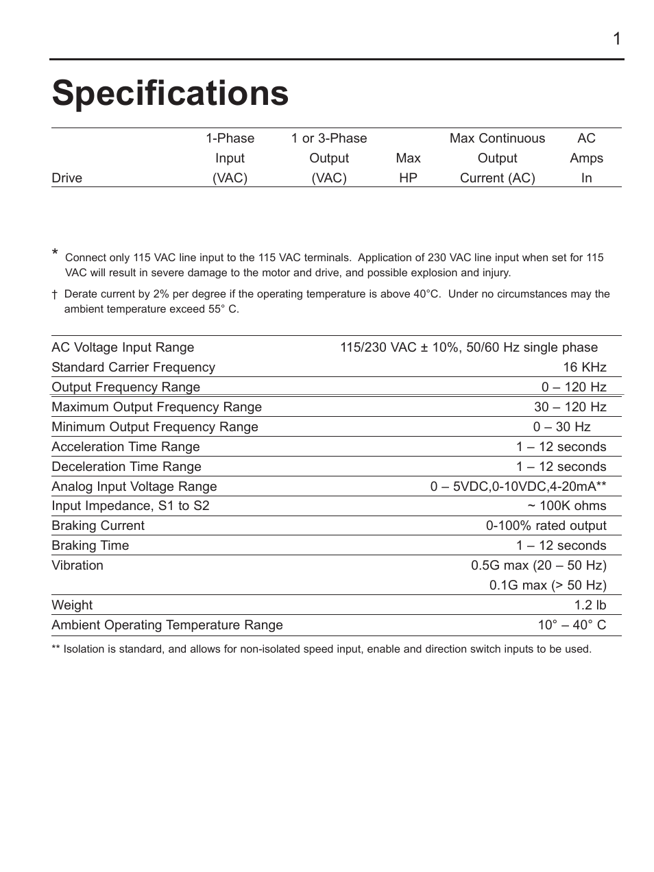 Specifications | LEESON FHP Series NEMA 4x Variable Speed Drive User Manual | Page 10 / 67