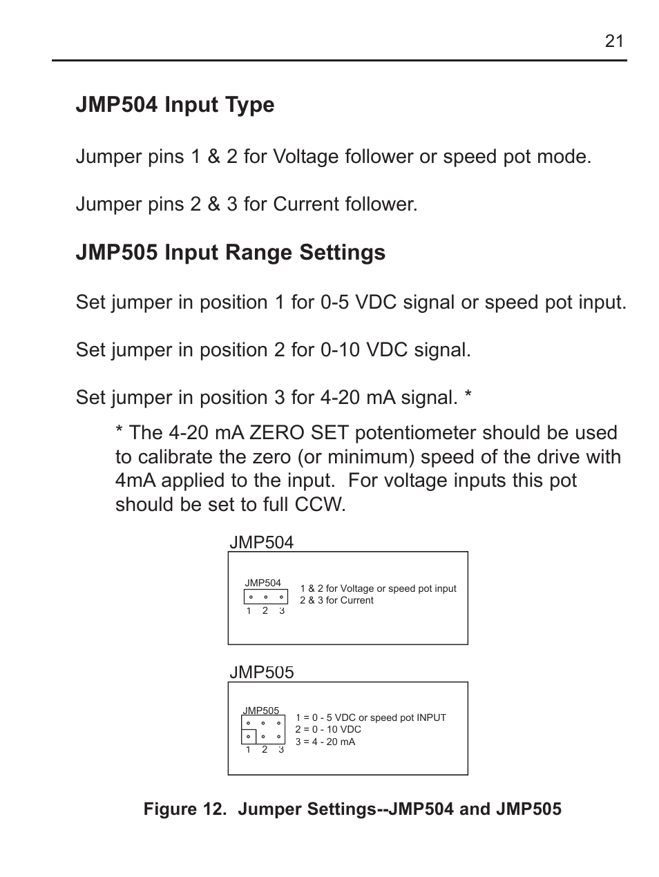 Jmp504 input type, Jmp505 input range settings | LEESON FHP Series NEMA 4x Variable Speed Drive User Manual | Page 30 / 67
