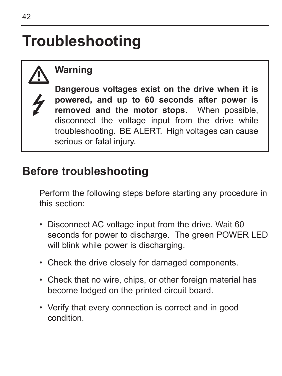 Troubleshooting | LEESON FHP Series NEMA 4x Variable Speed Drive User Manual | Page 51 / 67
