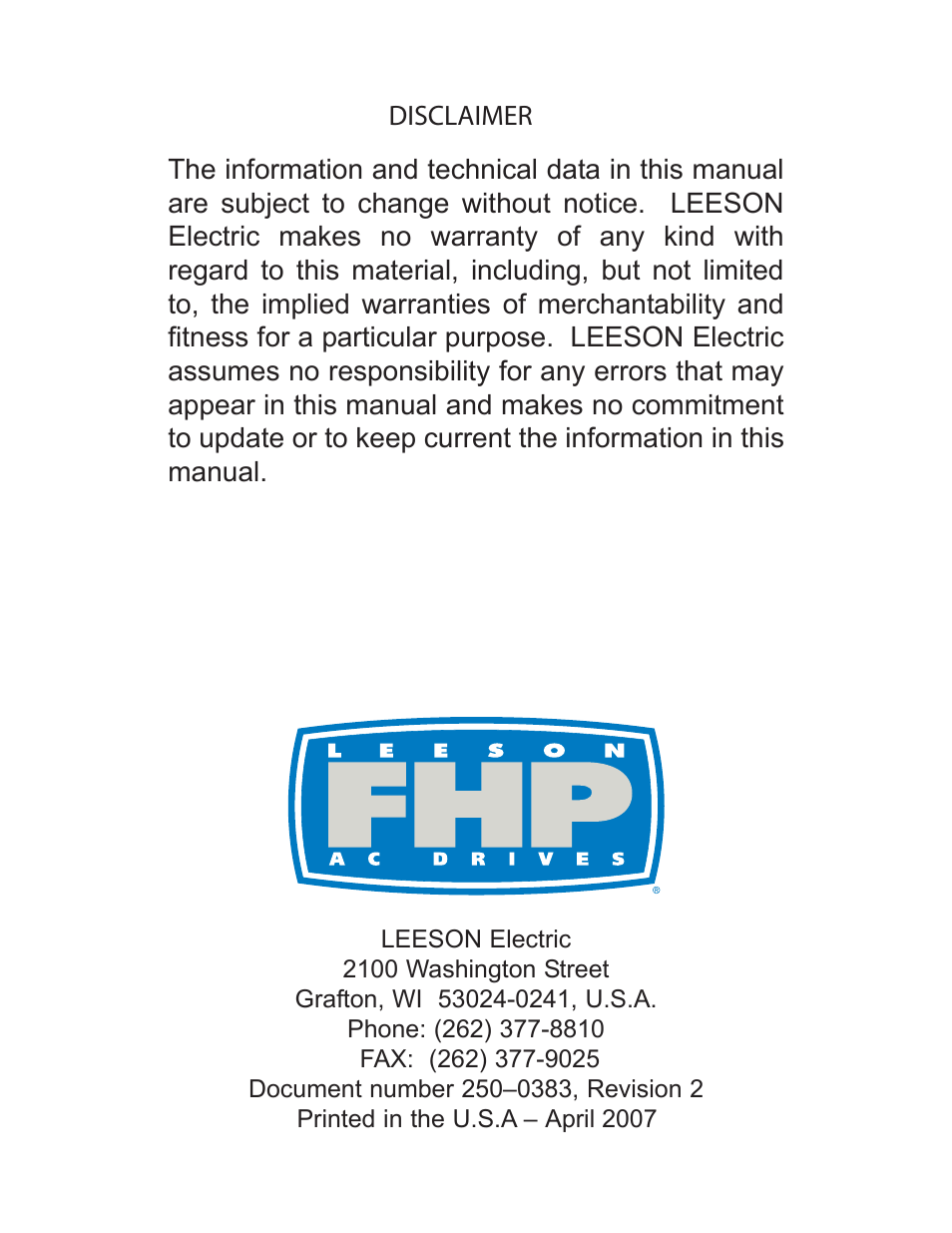 LEESON FHP Series NEMA 4x Variable Speed Drive User Manual | Page 67 / 67