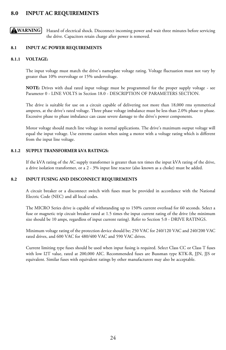 0 input ac requirements | LEESON Micro Series Compact Inverters User Manual | Page 26 / 92