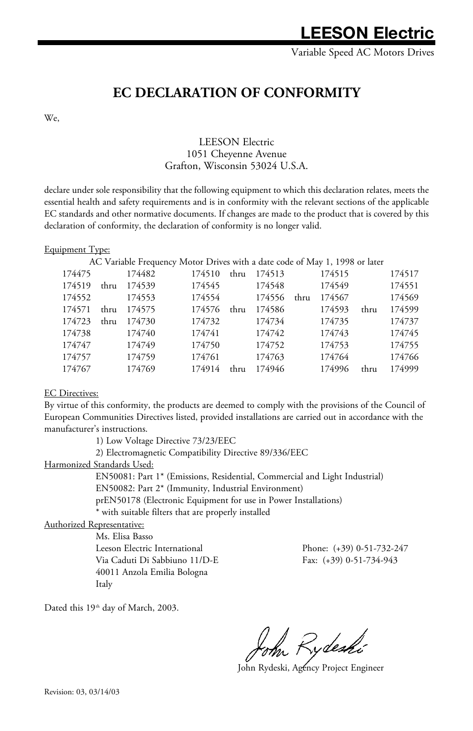 Leeson electric, Ec declaration of conformity | LEESON Micro Series Compact Inverters User Manual | Page 89 / 92