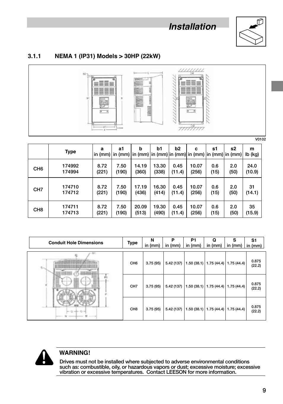 Installation, Warning | LEESON SM4 Series Flux Vector User Manual | Page 10 / 70