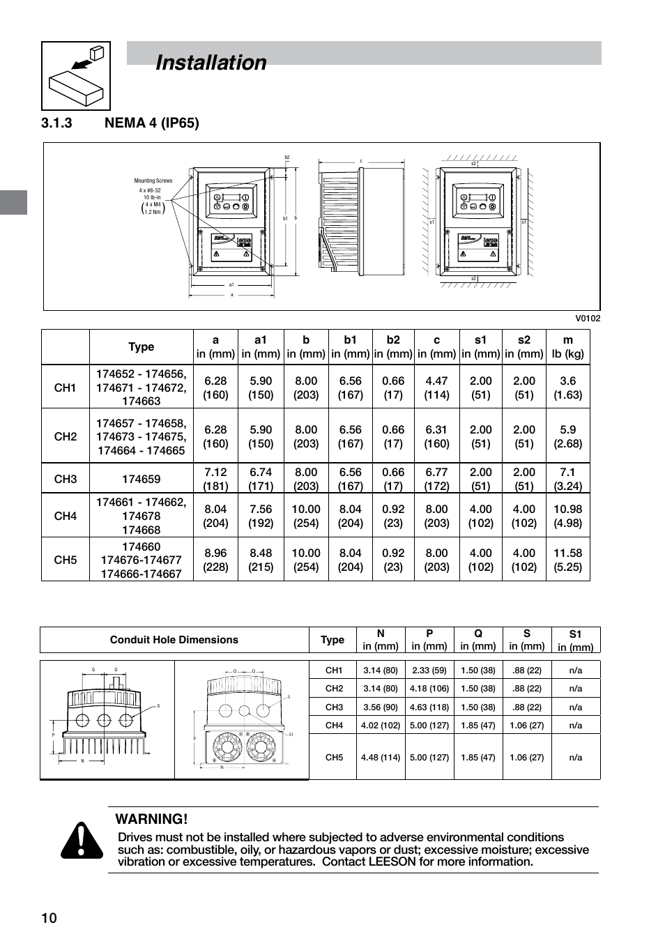 Installation, 3 nema 4 (ip65), Warning | LEESON SM4 Series Flux Vector User Manual | Page 11 / 70
