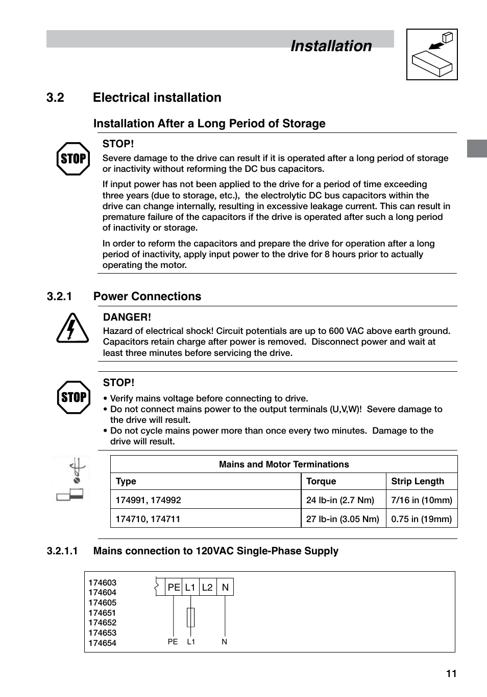 Installation, 2 electrical installation, 1 power connections | Installation after a long period of storage | LEESON SM4 Series Flux Vector User Manual | Page 12 / 70