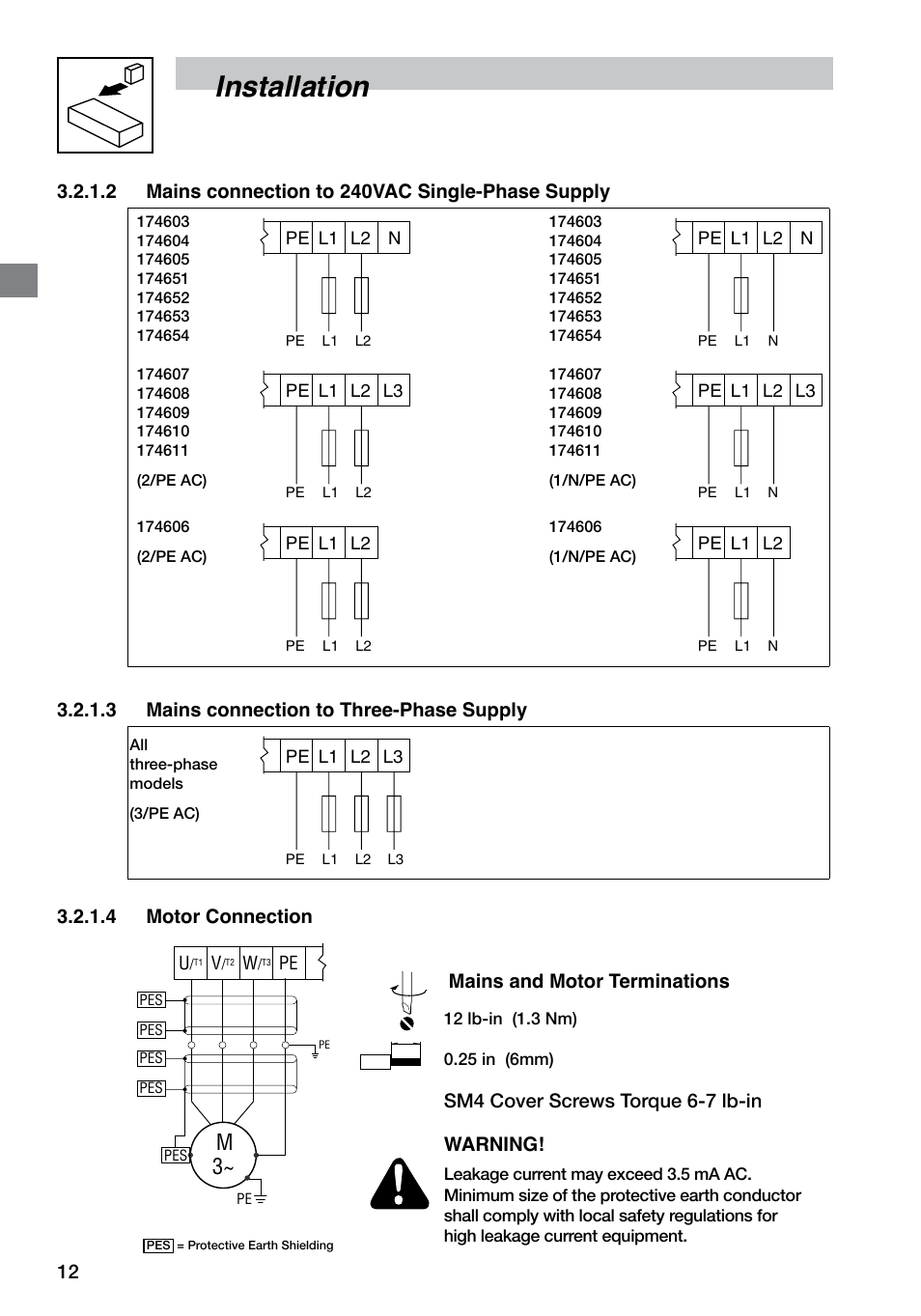 Installation, 3 mains connection to three-phase supply, 4 motor connection | Mains and motor terminations, Sm4 cover screws torque 6-7 lb-in warning, 2 mains connection to 240vac single-phase supply | LEESON SM4 Series Flux Vector User Manual | Page 13 / 70
