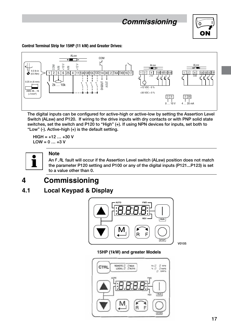 Commissioning, 4 commissioning, 1 local keypad & display | 15hp (1kw) and greater models | LEESON SM4 Series Flux Vector User Manual | Page 18 / 70