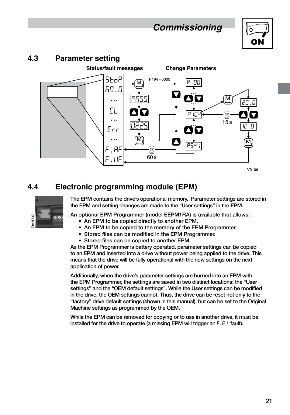Commissioning, Stop 60.0 f.af f.uf cl err, Pass 0225 | 3 parameter setting, 4 electronic programming module (epm) | LEESON SM4 Series Flux Vector User Manual | Page 22 / 70