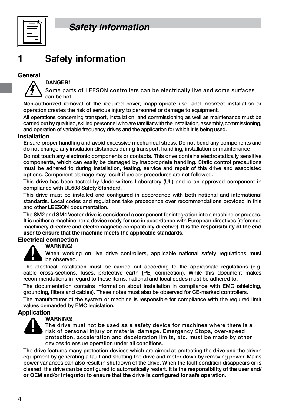 1safety information, Safety information | LEESON SM4 Series Flux Vector User Manual | Page 5 / 70