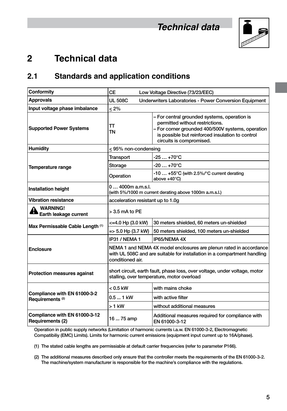 Technical data 2 technical data, 1 standards and application conditions | LEESON SM4 Series Flux Vector User Manual | Page 6 / 70