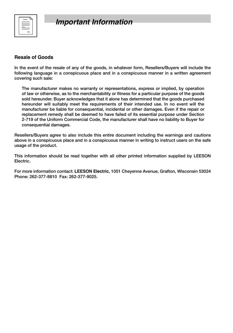 Important information | LEESON SM4 Series Flux Vector User Manual | Page 69 / 70
