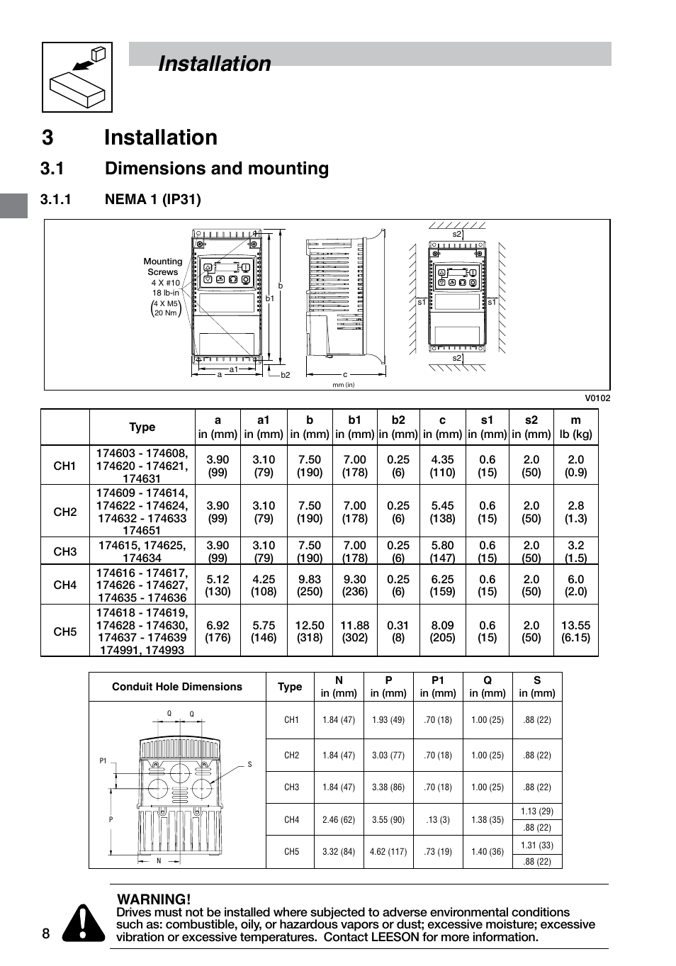 Installation 3 installation, 1 dimensions and mounting, 1 nema 1 (ip31) | Warning | LEESON SM4 Series Flux Vector User Manual | Page 9 / 70