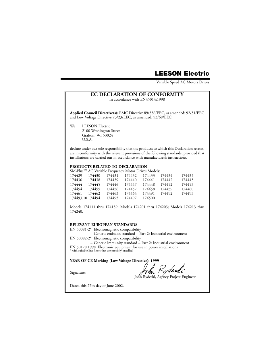 Leeson electric, Ec declaration of conformity | LEESON SM-Plus Series Sub-Micro Inverters User Manual | Page 64 / 66