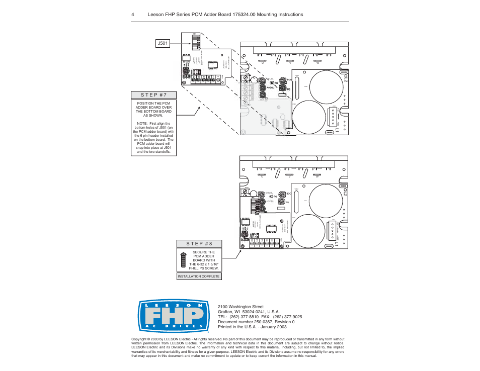 J501, L1 l 2 | LEESON Mounting Instructions for FHP Series User Manual | Page 4 / 4