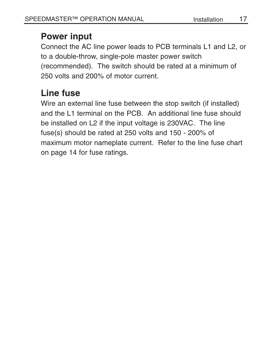 Power input, Line fuse | LEESON Chassis Mount SCR Control User Manual | Page 23 / 60