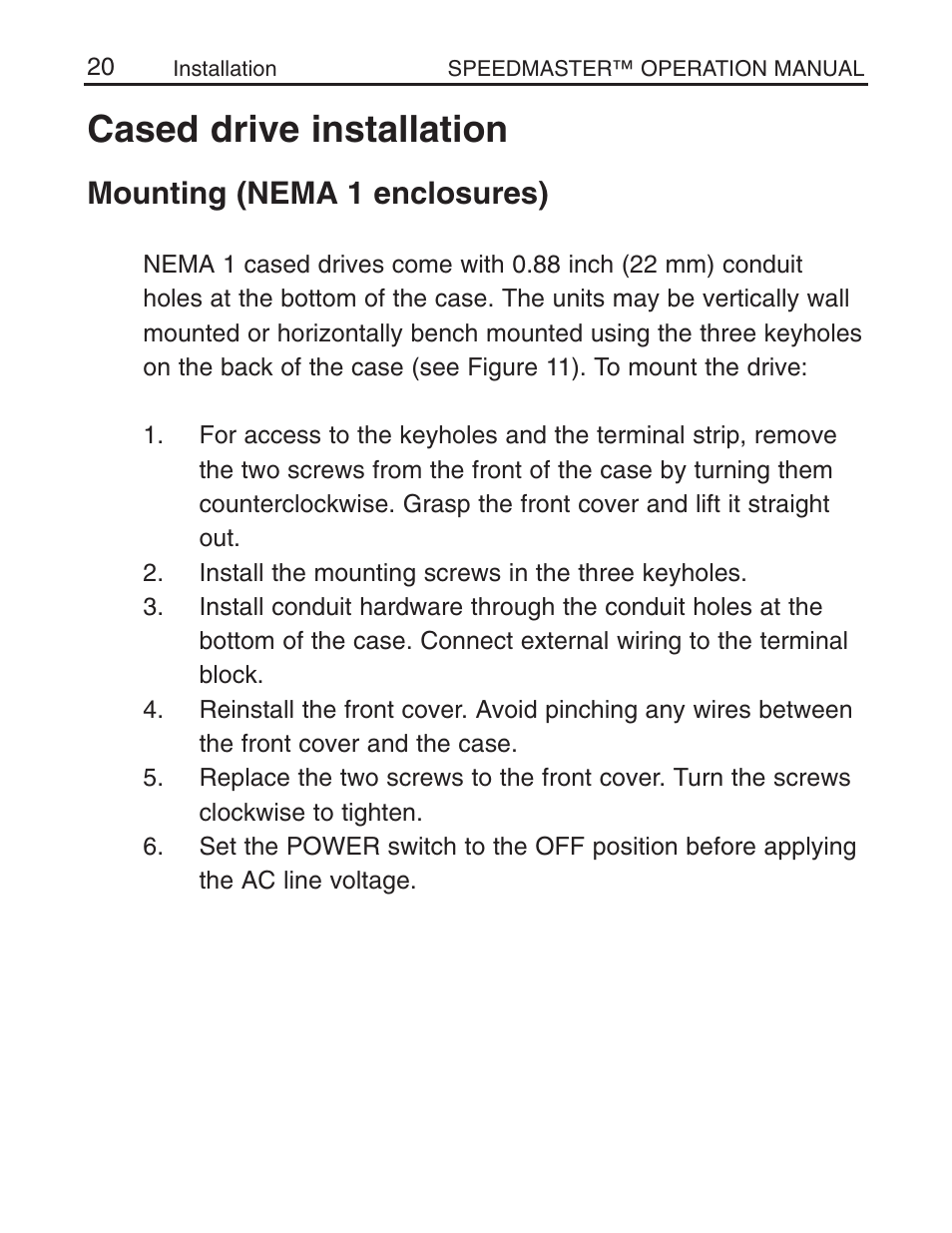 Cased drive installation, Mounting (nema 1 enclosures) | LEESON Chassis Mount SCR Control User Manual | Page 26 / 60