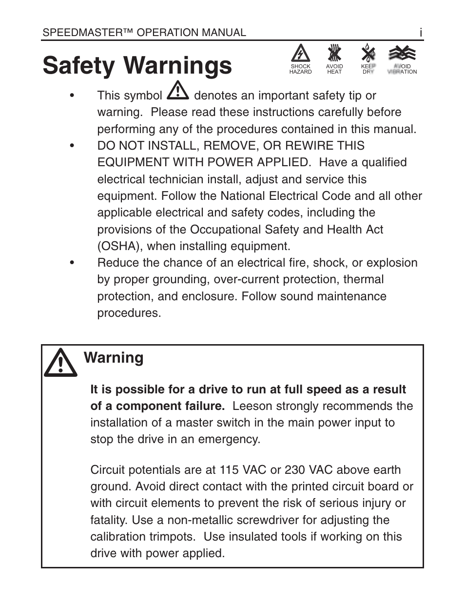 Safety warnings, Warning | LEESON Chassis Mount SCR Control User Manual | Page 3 / 60