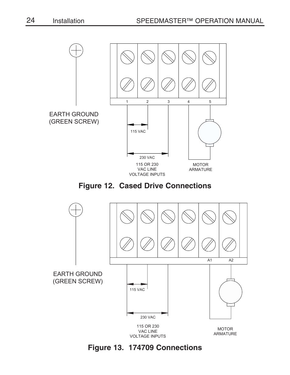 Figure 12. cased drive connections, Installation speedmaster™ operation manual, Earth ground (green screw) | LEESON Chassis Mount SCR Control User Manual | Page 30 / 60