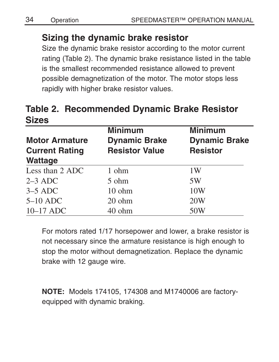 Sizing the dynamic brake resistor, Table 2. recommended dynamic brake resistor sizes | LEESON Chassis Mount SCR Control User Manual | Page 40 / 60
