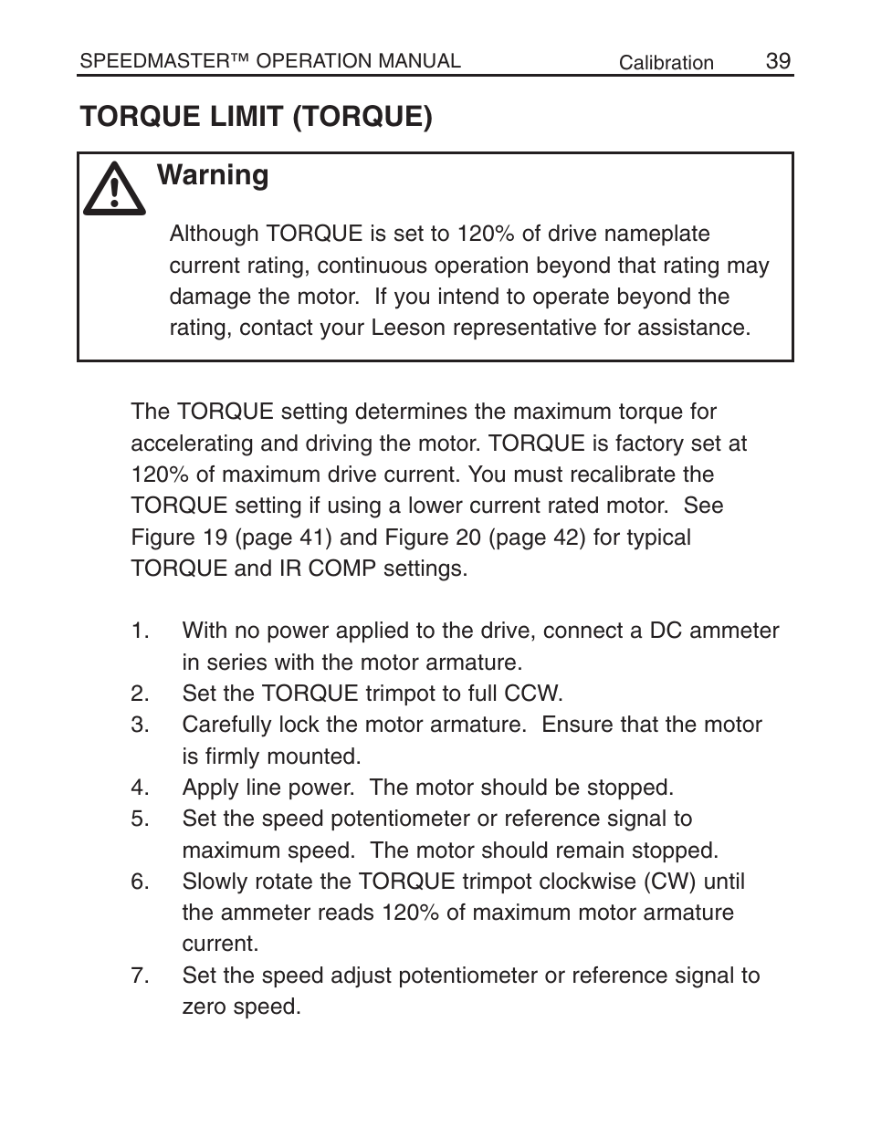 Torque limit (torque), Warning | LEESON Chassis Mount SCR Control User Manual | Page 45 / 60