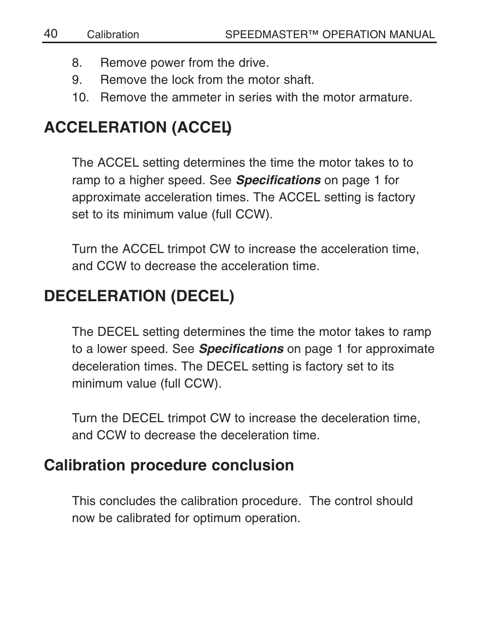 Acceleration (accel), Deceleration (decel), Calibration procedure conclusion | LEESON Chassis Mount SCR Control User Manual | Page 46 / 60
