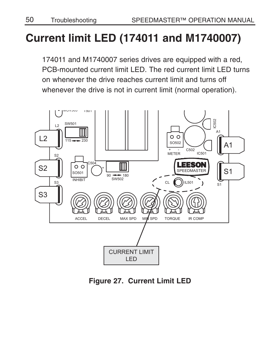 Troubleshooting speedmaster™ operation manual, Current limit led | LEESON Chassis Mount SCR Control User Manual | Page 56 / 60