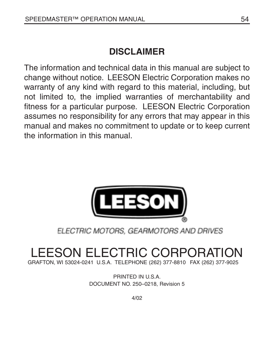 Leeson electric corporation, Disclaimer | LEESON Chassis Mount SCR Control User Manual | Page 60 / 60