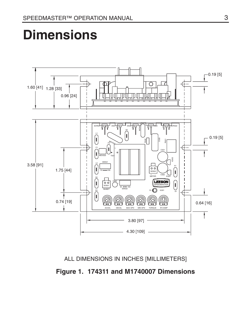 Dimensions, Speedmaster™ operation manual, All dimensions in inches [millimeters | LEESON Chassis Mount SCR Control User Manual | Page 9 / 60