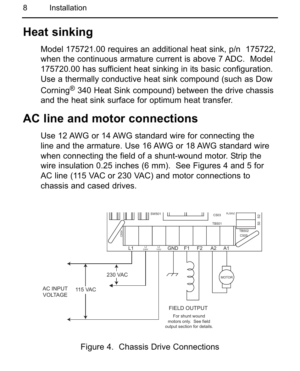 Heat sinking, Ac line and motor connections, 8installation | LEESON Chassis Mount Regenerative Control: 175721.00 User Manual | Page 14 / 56