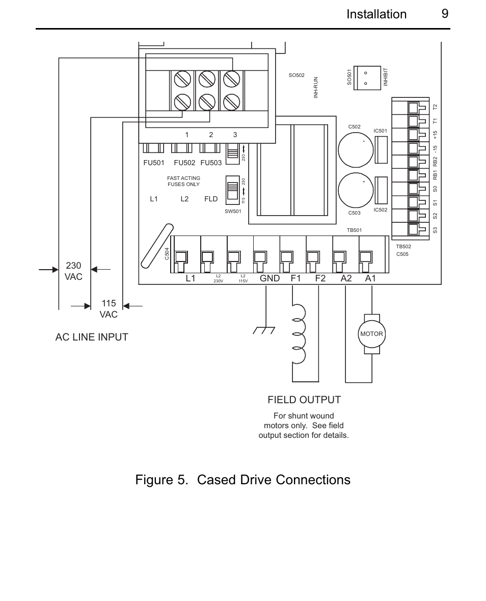 Figure 5. cased drive connections, 9installation, Field output ac line input | LEESON Chassis Mount Regenerative Control: 175721.00 User Manual | Page 15 / 56