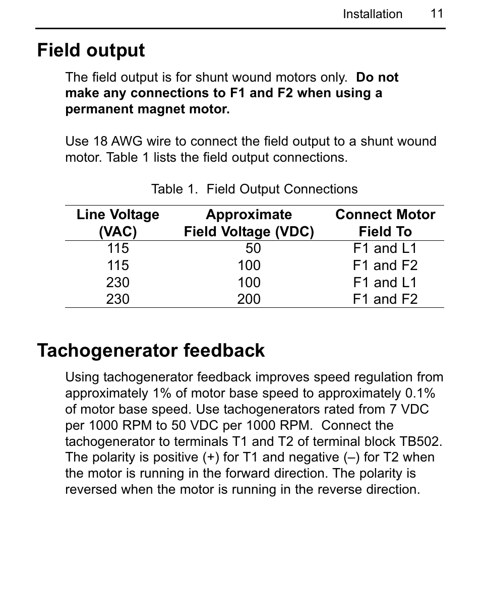 Field output, Tachogenerator feedback | LEESON Chassis Mount Regenerative Control: 175721.00 User Manual | Page 17 / 56