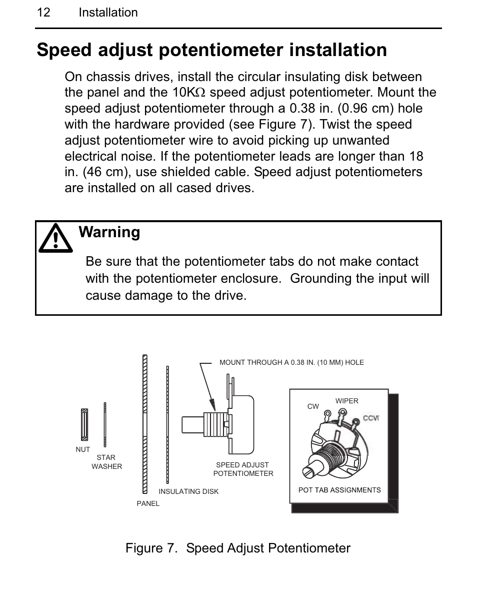 Speed adjust potentiometer installation, Warning | LEESON Chassis Mount Regenerative Control: 175721.00 User Manual | Page 18 / 56