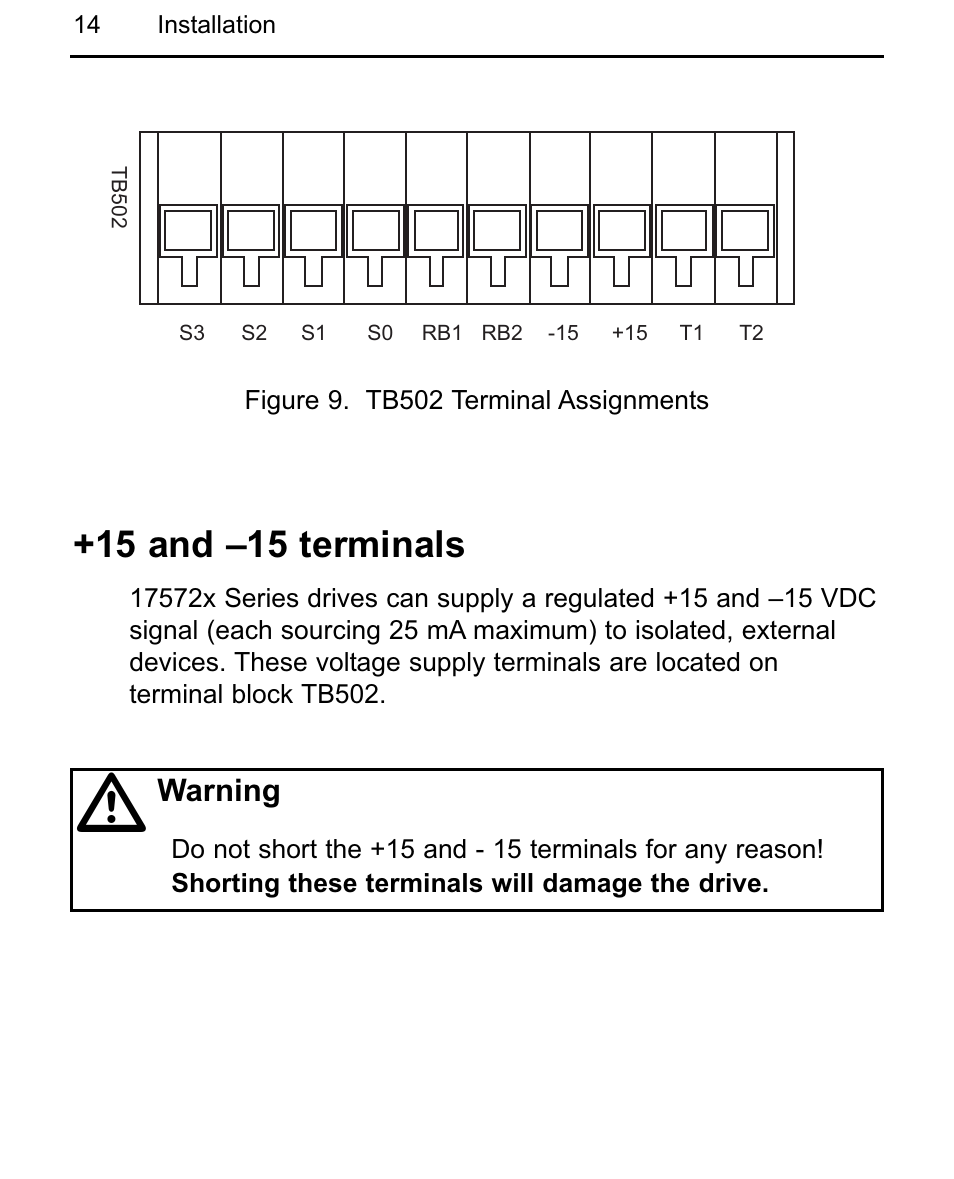 15 and –15 terminals, Warning | LEESON Chassis Mount Regenerative Control: 175721.00 User Manual | Page 20 / 56