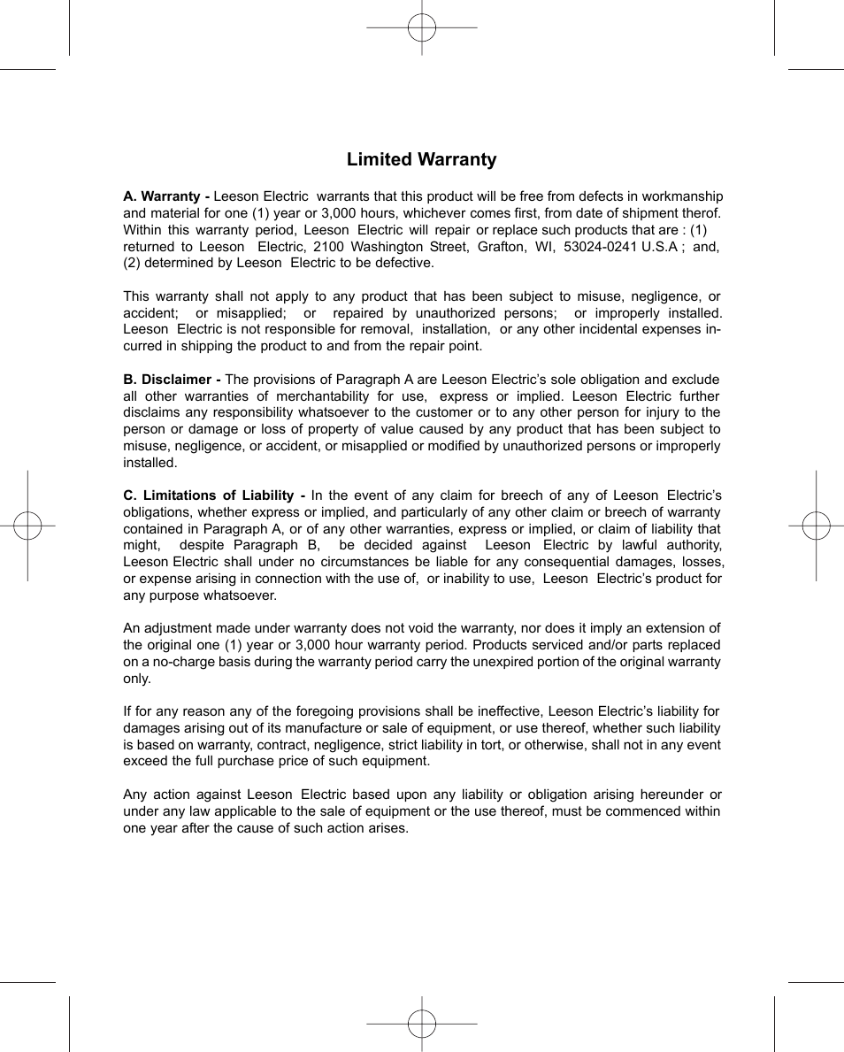 Limited warranty | LEESON Chassis Mount Regenerative Control: 175721.00 User Manual | Page 55 / 56