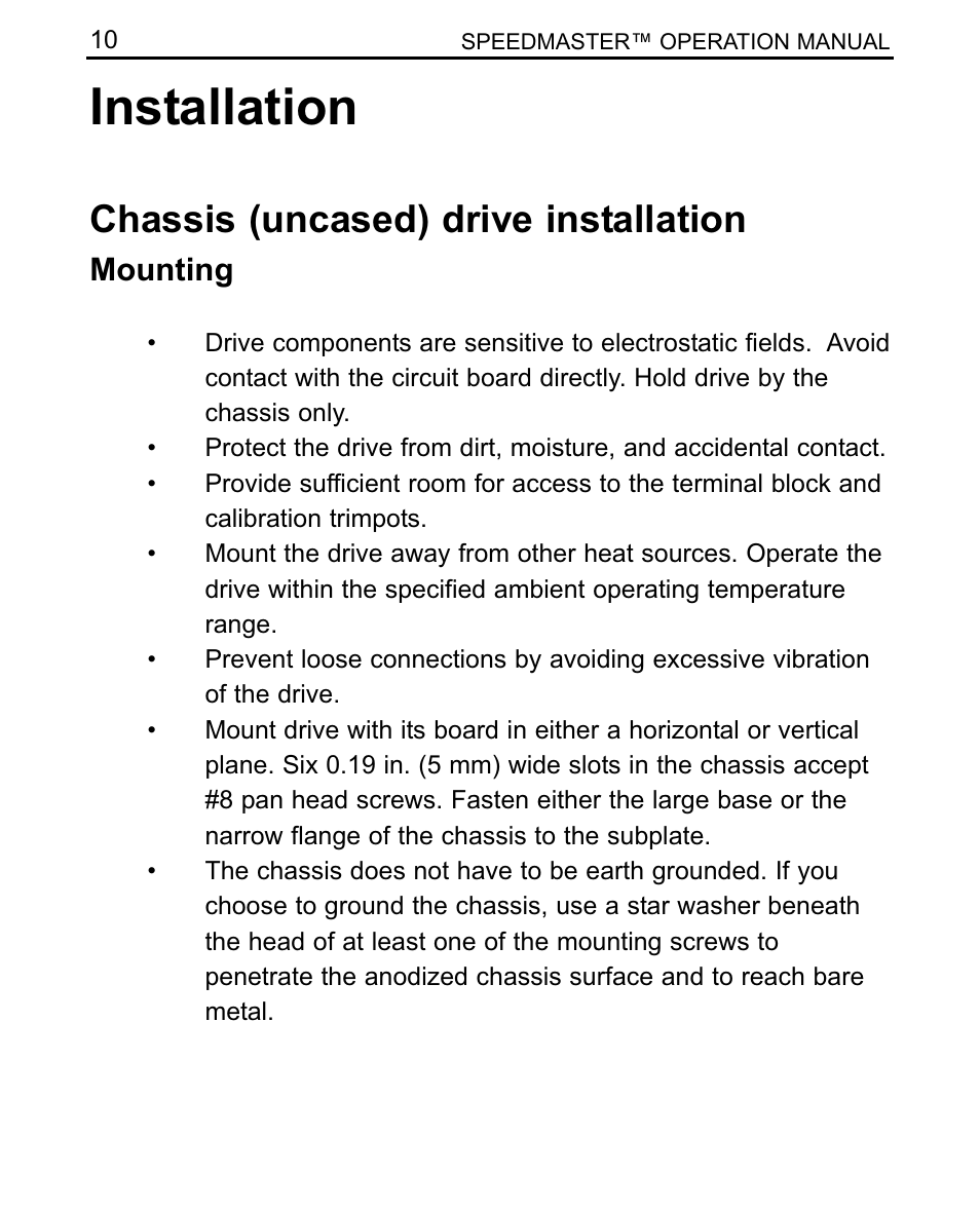 Installation, Chassis (uncased) drive installation, Mounting | LEESON SCR Thyristor Motor Control User Manual | Page 16 / 60