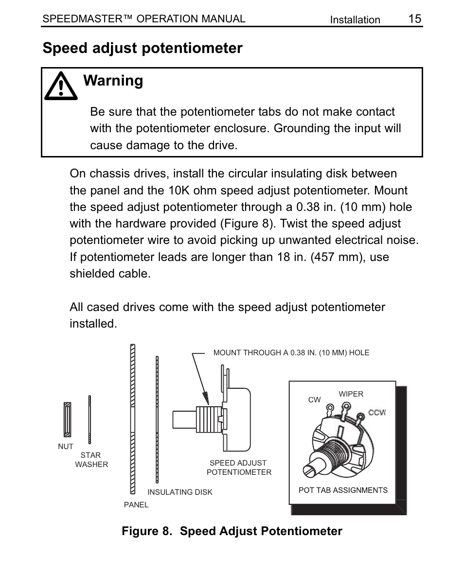 Speed adjust potentiometer warning | LEESON SCR Thyristor Motor Control User Manual | Page 21 / 60