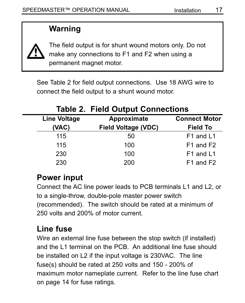 Power input, Line fuse, Table 2. field output connections | Warning | LEESON SCR Thyristor Motor Control User Manual | Page 23 / 60