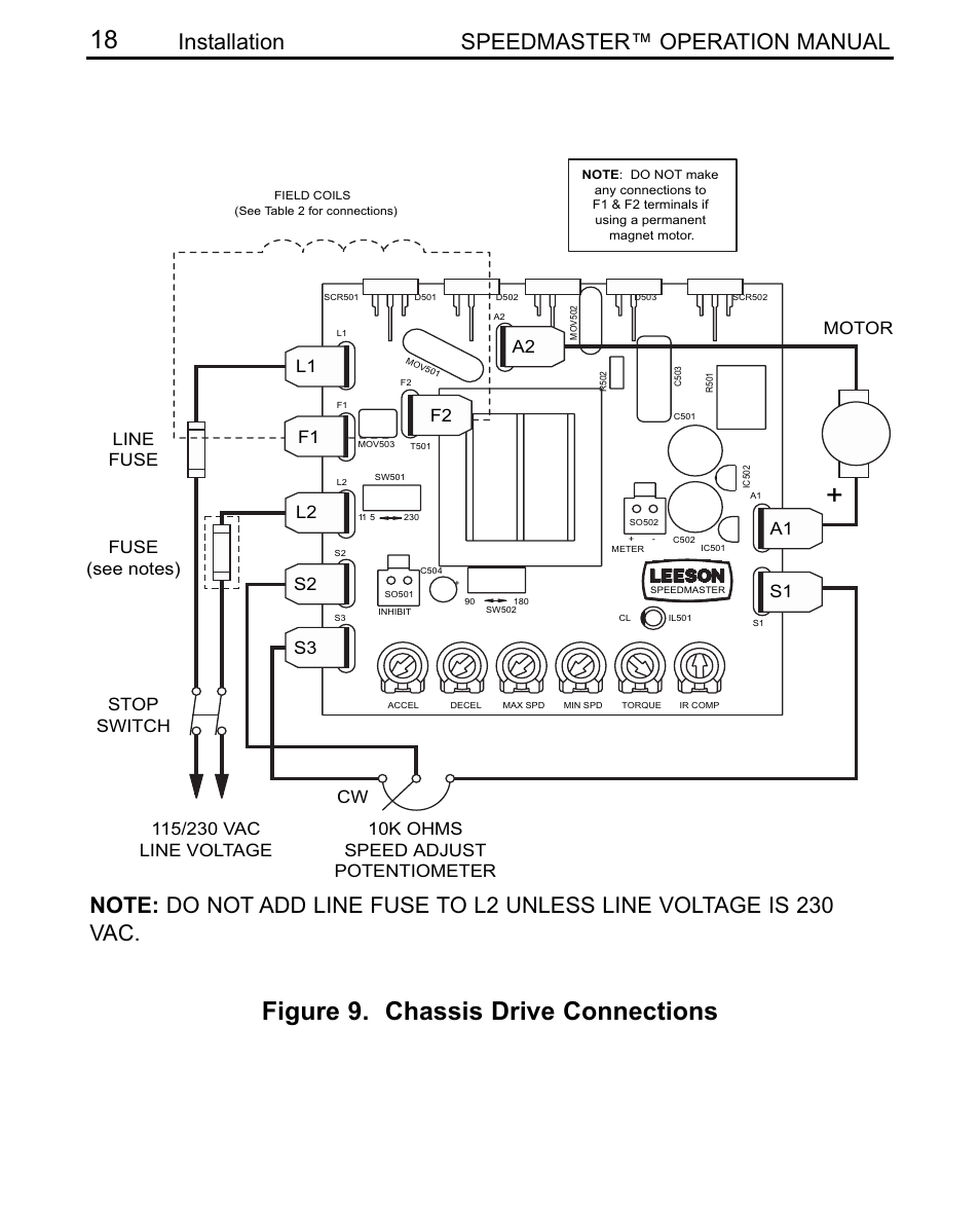 Figure 9. chassis drive connections, Installation speedmaster™ operation manual, Motor | F1 f2 | LEESON SCR Thyristor Motor Control User Manual | Page 24 / 60