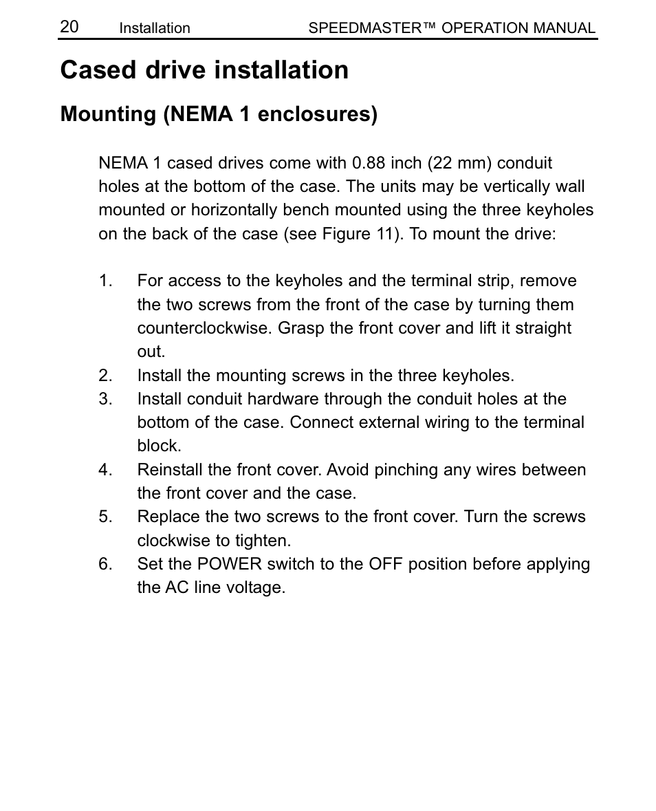 Cased drive installation, Mounting (nema 1 enclosures) | LEESON SCR Thyristor Motor Control User Manual | Page 26 / 60