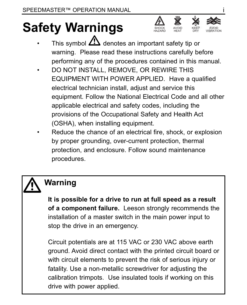 Safety warnings, Warning | LEESON SCR Thyristor Motor Control User Manual | Page 3 / 60