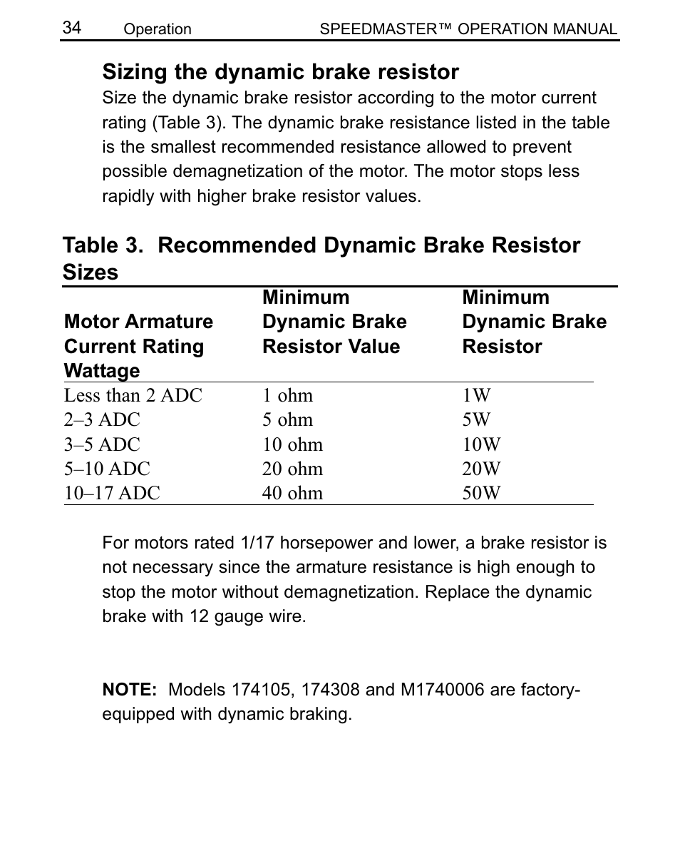 Sizing the dynamic brake resistor, Table 3. recommended dynamic brake resistor sizes | LEESON SCR Thyristor Motor Control User Manual | Page 40 / 60