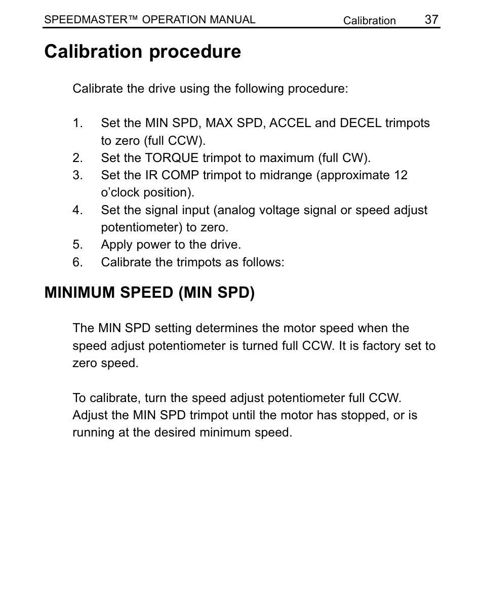 Calibration procedure, Minimum speed (min spd) | LEESON SCR Thyristor Motor Control User Manual | Page 43 / 60