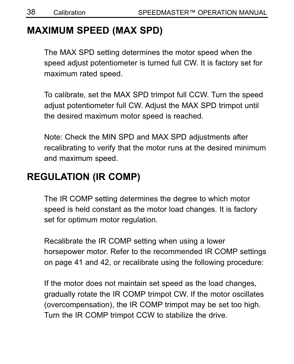 Maximum speed (max spd), Regulation (ir comp) | LEESON SCR Thyristor Motor Control User Manual | Page 44 / 60