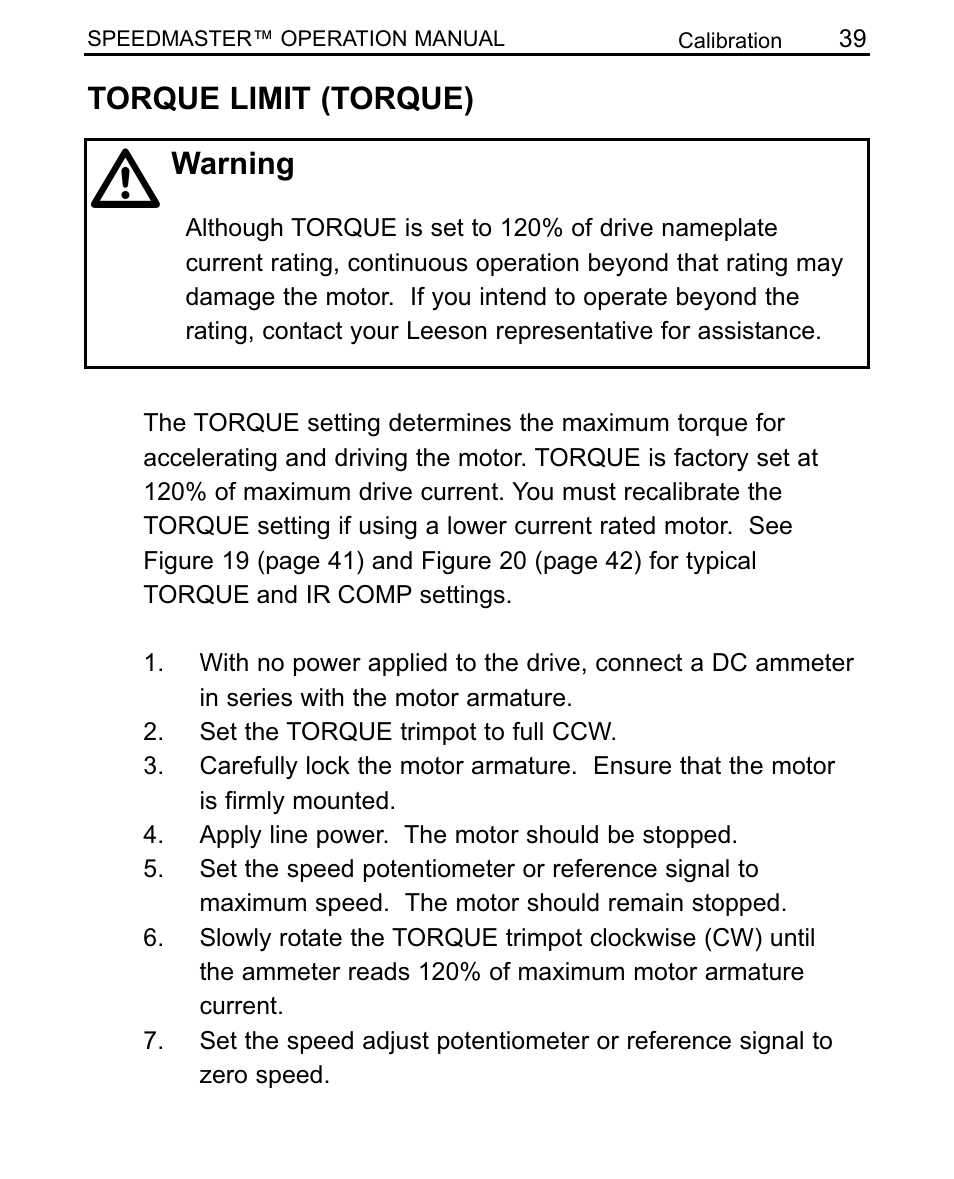 Torque limit (torque), Warning | LEESON SCR Thyristor Motor Control User Manual | Page 45 / 60